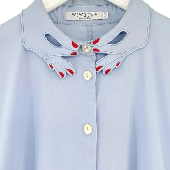 VIVETTA Esmeralda Baby Blue Embroidered Collar Ruffled Short Sleeve Midi Dress - Picture 6 of 8